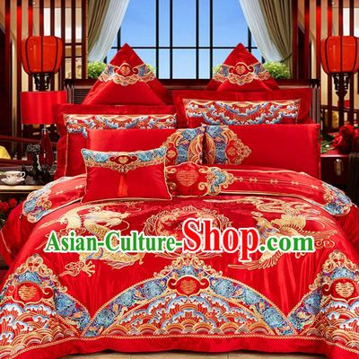Traditional Asian Chinese Style Wedding Article Palace Lace Qulit Cover Bedding Sheet Complete Set, Embroidered Dragon and Phoenix Satin Drill Eleven-piece Duvet Cover Textile Bedding Suit