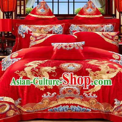 Traditional Asian Chinese Style Wedding Article Palace Lace Qulit Cover Bedding Sheet Complete Set, Embroidered Golden Dragon and Phoenix Satin Drill Eleven-piece Duvet Cover Textile Bedding Suit