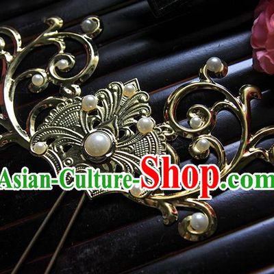 Top Grade Handmade Traditional China Hair Accessories Pteris Hair Stick, Ancient Chinese Hanfu Pearl Hairpins for Women