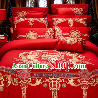 Traditional Asian Chinese Wedding Palace Qulit Cover Bedding Sheet Ten-piece Suit, Embroidered Peony Dragon and Phoenix Satin Drill Duvet Cover Textile Bedding Complete Set