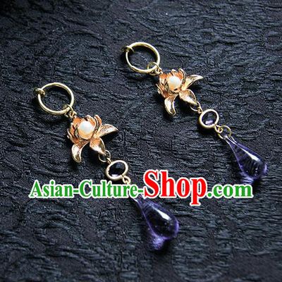 Top Grade Handmade Traditional China Accessories Earrings, Ancient Chinese Hanfu Purple Crystal Eardrop for Women