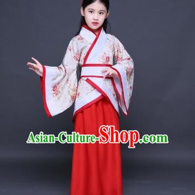 Traditional Ancient Chinese Imperial Princess Costume, Children Elegant Hanfu Clothing Chinese Han Dynasty Red Curve Bottom Dress Clothing for Kids