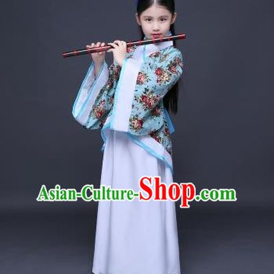Traditional Ancient Chinese Imperial Princess Printing Costume, Children Elegant Hanfu Clothing Chinese Han Dynasty Blue Curve Bottom Dress Clothing for Kids