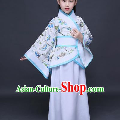 Traditional Ancient Chinese Imperial Princess Embroidery Costume, Children Elegant Hanfu Clothing Chinese Han Dynasty Blue Curve Bottom Dress Clothing for Kids