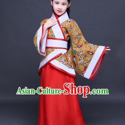 Traditional Ancient Chinese Imperial Princess Embroidery Costume, Children Elegant Hanfu Clothing Chinese Han Dynasty Golden Curve Bottom Dress Clothing for Kids