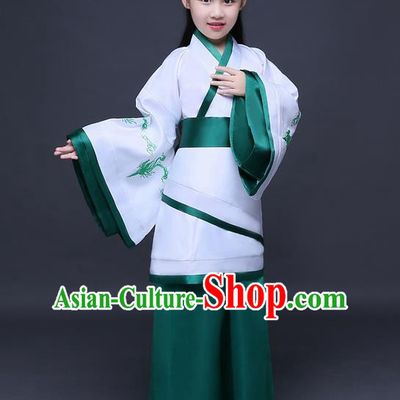 Traditional Ancient Chinese Imperial Princess Printing Phoenix Costume, Children Elegant Hanfu Clothing Chinese Han Dynasty Green Curve Bottom Dress Clothing for Kids
