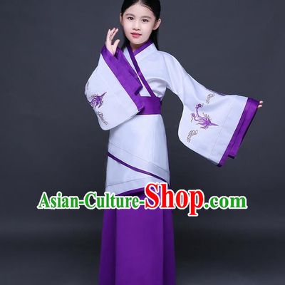 Traditional Ancient Chinese Imperial Princess Printing Phoenix Costume, Children Elegant Hanfu Clothing Chinese Han Dynasty Purple Curve Bottom Dress Clothing for Kids