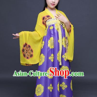 Traditional Ancient Chinese Imperial Princess Fairy Printing Phoenix Costume, Children Elegant Hanfu Clothing Chinese Tang Dynasty Purple Ruqun Dress Clothing for Kids