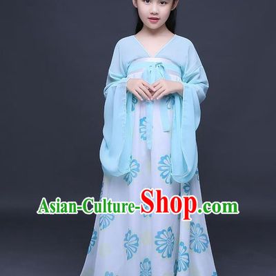 Traditional Ancient Chinese Imperial Princess Fairy Printing Phoenix Costume, Children Elegant Hanfu Clothing Chinese Tang Dynasty Blue Ruqun Dress Clothing for Kids