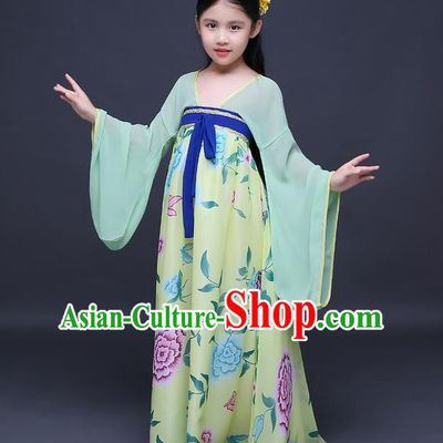 Traditional Ancient Chinese Imperial Princess Fairy Printing Phoenix Costume, Children Elegant Hanfu Clothing Chinese Tang Dynasty Green Ruqun Dress Clothing for Kids