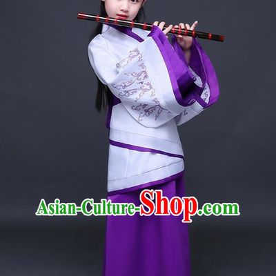 Traditional Ancient Chinese Imperial Princess Fairy Printing Costume, Children Elegant Hanfu Clothing Han Dynasty Purple Curve Bottom Dress Clothing for Kids