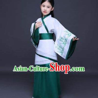Traditional Ancient Chinese Imperial Princess Fairy Printing Costume, Children Elegant Hanfu Clothing Han Dynasty Green Curve Bottom Dress Clothing for Kids