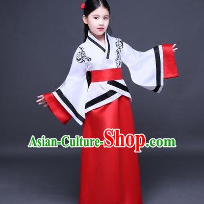 Traditional Ancient Chinese Imperial Princess Fairy Embroidery Costume, Children Elegant Hanfu Clothing Han Dynasty White Curve Bottom Dress Clothing for Kids