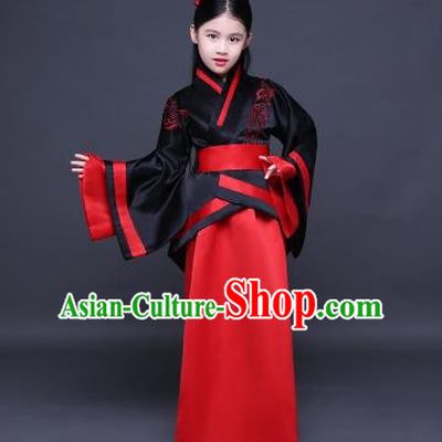 Traditional Ancient Chinese Imperial Princess Fairy Embroidery Costume, Children Elegant Hanfu Clothing Han Dynasty Black Curve Bottom Dress Clothing for Kids