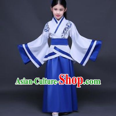 Traditional Ancient Chinese Imperial Princess Fairy Embroidery Costume, Children Elegant Hanfu Clothing Han Dynasty Royalblue Curve Bottom Dress Clothing for Kids