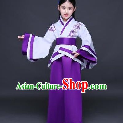 Traditional Ancient Chinese Imperial Princess Fairy Embroidery Costume, Children Elegant Hanfu Clothing Han Dynasty Purple Curve Bottom Dress Clothing for Kids