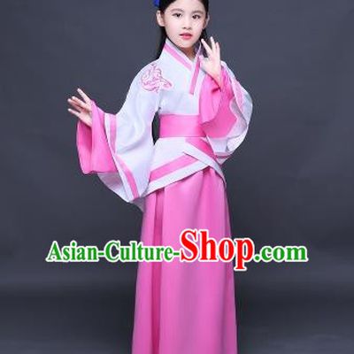 Traditional Ancient Chinese Imperial Princess Fairy Embroidery Costume, Children Elegant Hanfu Clothing Han Dynasty Pink Curve Bottom Dress Clothing for Kids