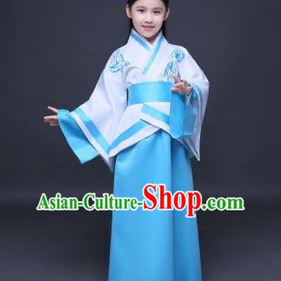 Traditional Ancient Chinese Imperial Princess Fairy Embroidery Costume, Children Elegant Hanfu Clothing Han Dynasty Blue Curve Bottom Dress Clothing for Kids