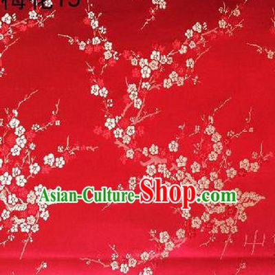 Asian Chinese Traditional Embroidery White Plum Blossom Red Silk Fabric, Top Grade Brocade Embroidered Tang Suit Hanfu Dress Fabric Cheongsam Material