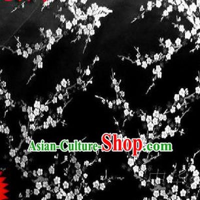 Asian Chinese Traditional Embroidery White Plum Blossom Black Silk Fabric, Top Grade Brocade Embroidered Tang Suit Hanfu Dress Fabric Cheongsam Material