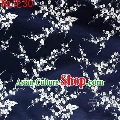Asian Chinese Traditional Embroidery White Plum Blossom Navy Silk Fabric, Top Grade Brocade Embroidered Tang Suit Hanfu Dress Fabric Cheongsam Material