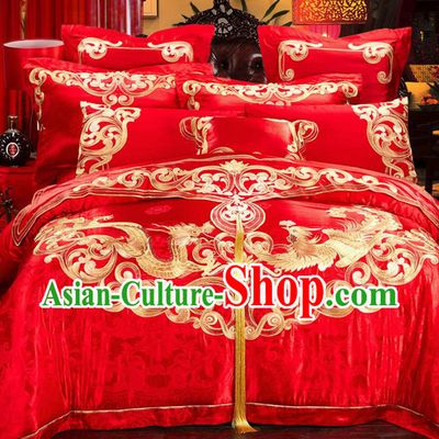 Traditional Asian Chinese Style Wedding Article Embroidery Dragon and Phoenix Bedding Sheet Complete Set, Duvet Cover Red Satin Drill Textile Bedding Ten-piece Suit