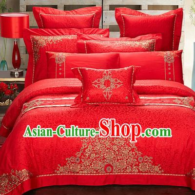 Traditional Asian Chinese Style Wedding Article Embroidery Jacquard Weave Bedding Sheet Complete Set, Red Eleven-piece Duvet Cover Satin Drill Textile Bedding Suit