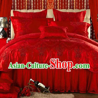 Traditional Asian Chinese Style Wedding Article Jacquard Weave Bedding Sheet Complete Set, Embroidery Red Ten-piece Lace Duvet Cover Satin Drill Textile Bedding Suit