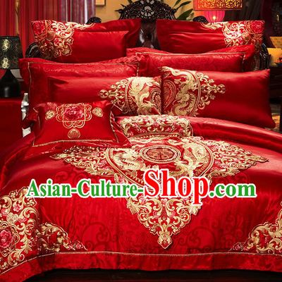 Traditional Asian Chinese Style Wedding Article Bedding Sheet Complete Set, Embroidery Dragon and Phoenix Red Eleven-piece Duvet Cover Satin Drill Textile Bedding Suit