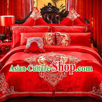 Traditional Asian Chinese Style Wedding Article Peking Opera Bedding Sheet Complete Set, Embroidery Dragon and Phoenix Red Eleven-piece Duvet Cover Satin Drill Textile Bedding Suit