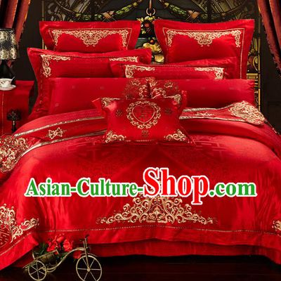 Traditional Asian Chinese Style Wedding Article Bedding Double Happiness Sheet Complete Set, Golden Embroidery Red Eleven-piece Duvet Cover Satin Drill Textile Bedding Suit