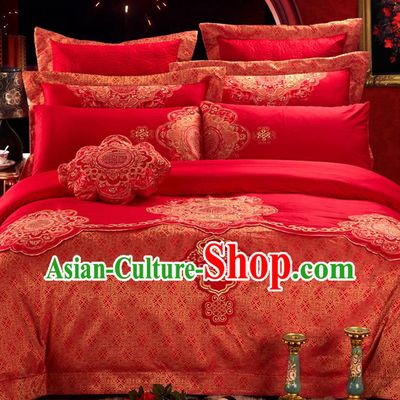 Traditional Asian Chinese Style Wedding Article Bedding Sheet Complete Set, Embroidery Red Nine-piece Duvet Cover Satin Drill Textile Bedding Suit
