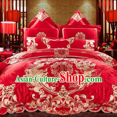 Traditional Asian Chinese Style Wedding Article Bedding Dragon and Phoenix Sheet Complete Set, Embroidery Peony Red Eleven-piece Duvet Cover Satin Drill Textile Bedding Suit