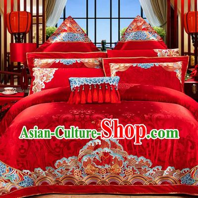 Traditional Asian Chinese Style Wedding Article Bedding Red Sheet Complete Set, Embroidery Dragon and Phoenix Eleven-piece Duvet Cover Satin Drill Textile Bedding Suit