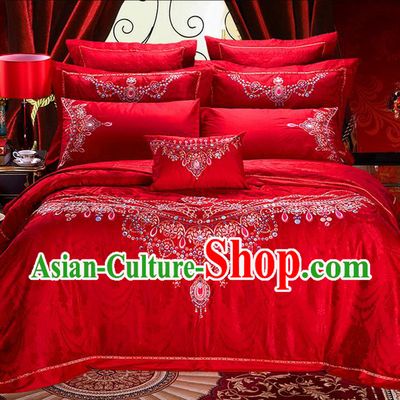 Traditional Asian Chinese Style Wedding Article Bedding Red Sheet Complete Set, Embroidery Bride Ten-piece Duvet Cover Satin Drill Textile Bedding Suit