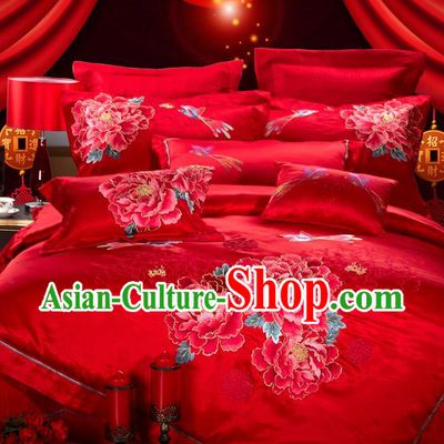 Traditional Asian Chinese Style Wedding Article Bedding Red Sheet Complete Set, Embroidery Peony Eleven-piece Duvet Cover Satin Drill Textile Bedding Suit