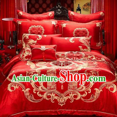 Traditional Asian Chinese Style Wedding Article Bedding Golden Dragon and Phoenix Sheet Complete Set, Embroidery Six-piece Duvet Cover Satin Drill Textile Bedding Suit