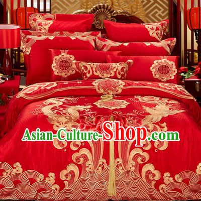 Traditional Asian Chinese Style Wedding Article Bedding Golden Dragon and Phoenix Sheet Complete Set, Embroidery Peony Eleven-piece Duvet Cover Satin Drill Textile Bedding Suit