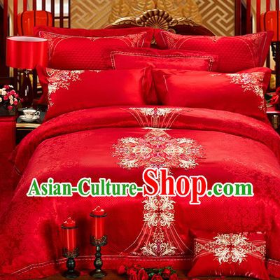 Traditional Asian Chinese Style Wedding Article Bedding Sheet Complete Set, Embroidery Peony Ten-piece Duvet Cover Satin Drill Textile Bedding Suit