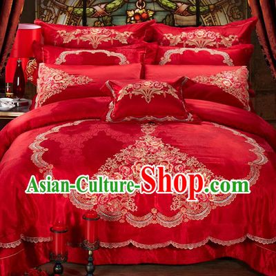 Traditional Asian Chinese Style Wedding Article Bedding Heart-shaped Sheet Complete Set, Embroidery Peony Ten-piece Duvet Cover Satin Drill Textile Bedding Suit