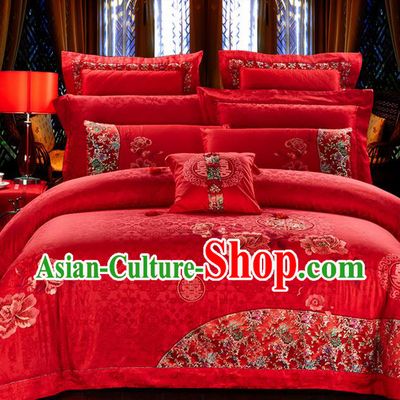 Traditional Asian Chinese Style Wedding Article Bedding Flowers Sheet Complete Set, Embroidery Peony Ten-piece Duvet Cover Satin Drill Textile Bedding Suit