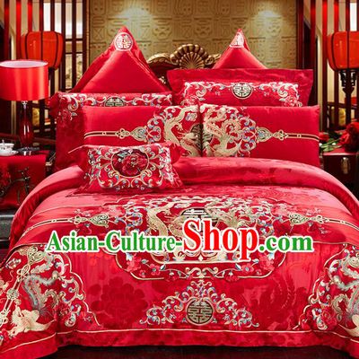 Traditional Asian Chinese Style Wedding Article Bedding Sheet Complete Set, Embroidery Peony Dragon and Phoenix Eleven-piece Duvet Cover Satin Drill Textile Bedding Suit