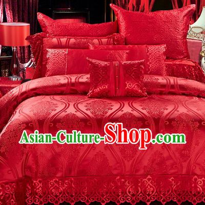 Traditional Asian Chinese Style Wedding Article Bedding Sheet Complete Set, Jacquard Weave Satin Drill Ten-piece Duvet Cover Textile Bedding Suit