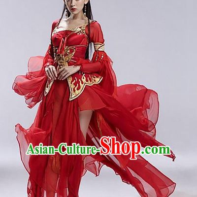 Traditional Asian Chinese Ancient Apsara Peri Costume, China Elegant Hanfu Clothing Tang Dynasty Palace Princess Fairy Red Flying Dance Dress Clothing for Women