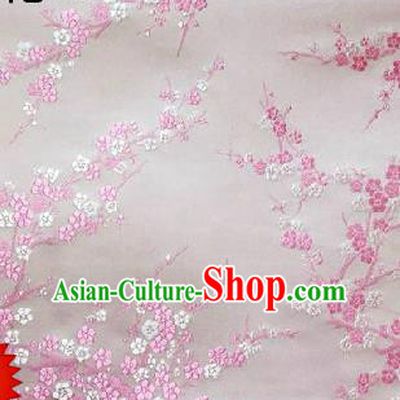 Asian Chinese Traditional Embroidery Pink Plum Blossom White Silk Fabric, Top Grade Brocade Embroidered Tang Suit Hanfu Dress Fabric Cheongsam Cloth Material