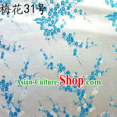 Asian Chinese Traditional Embroidery Blue Plum Blossom White Silk Fabric, Top Grade Brocade Embroidered Tang Suit Hanfu Dress Fabric Cheongsam Cloth Material