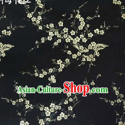Asian Chinese Traditional Embroidery White Plum Blossom Black Silk Fabric, Top Grade Brocade Embroidered Tang Suit Hanfu Dress Fabric Cheongsam Cloth Material
