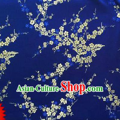 Asian Chinese Traditional Embroidery White Plum Blossom Royalblue Silk Fabric, Top Grade Brocade Embroidered Tang Suit Hanfu Dress Fabric Cheongsam Cloth Material