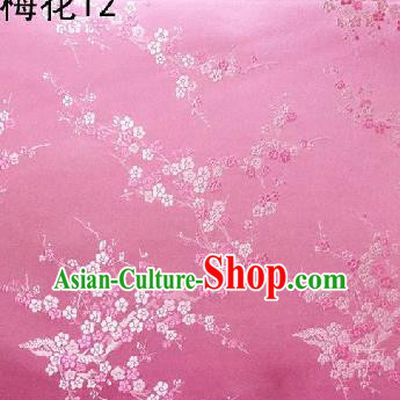 Asian Chinese Traditional Embroidery Plum Blossom Pink Silk Fabric, Top Grade Brocade Embroidered Tang Suit Hanfu Dress Fabric Cheongsam Cloth Material