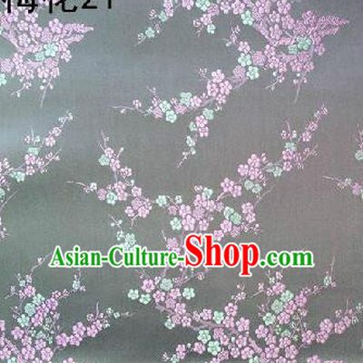Asian Chinese Traditional Embroidery Pink Plum Blossom Grey Silk Fabric, Top Grade Brocade Embroidered Tang Suit Hanfu Dress Fabric Cheongsam Cloth Material